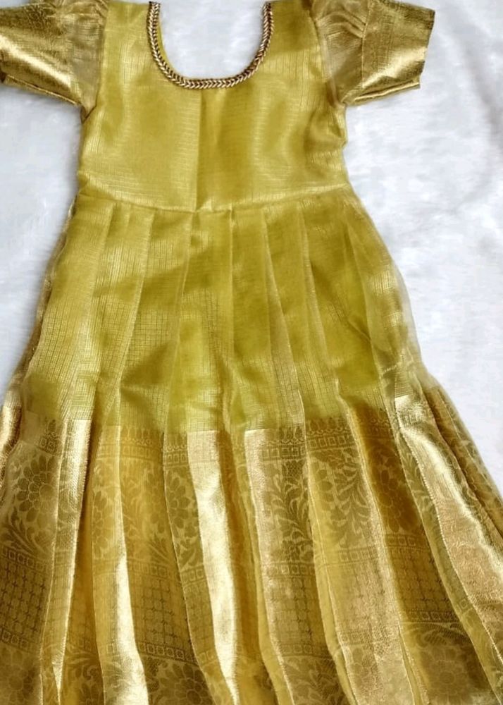 Golden Tissue Pattu Frills Frock