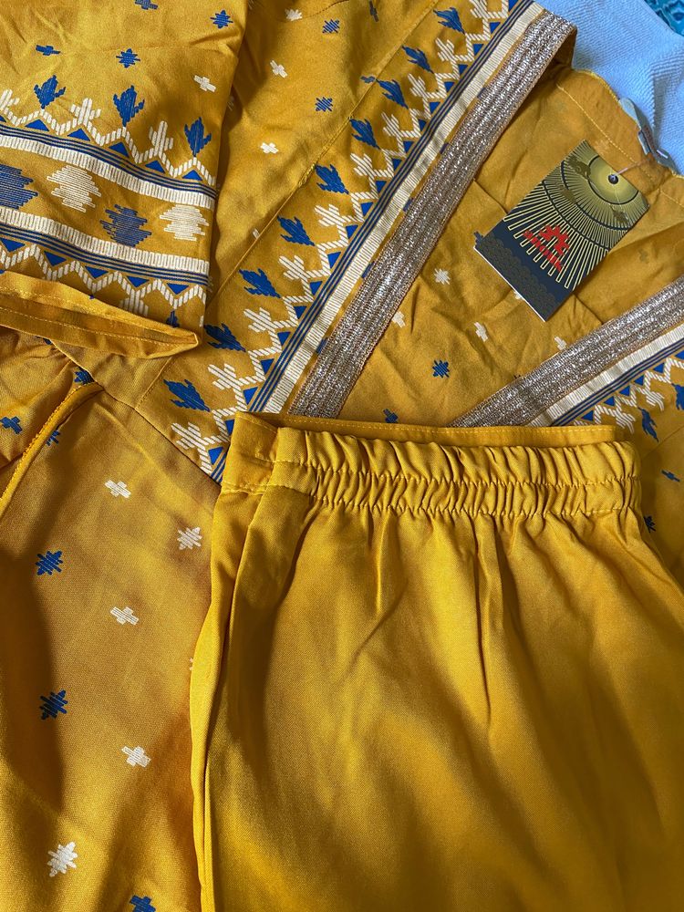 Yellow Anarkali Kurta With Trousers Set For Beauty