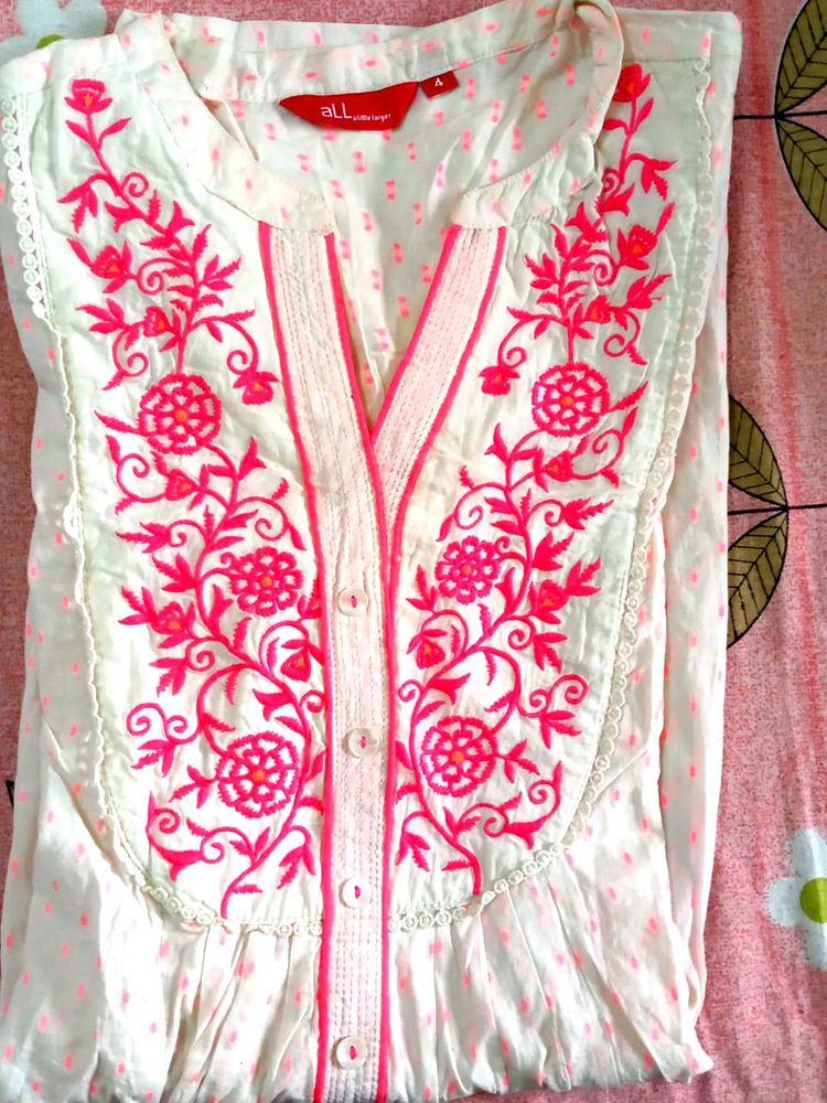 aLL Neon Pink Embroidered Short Kurta