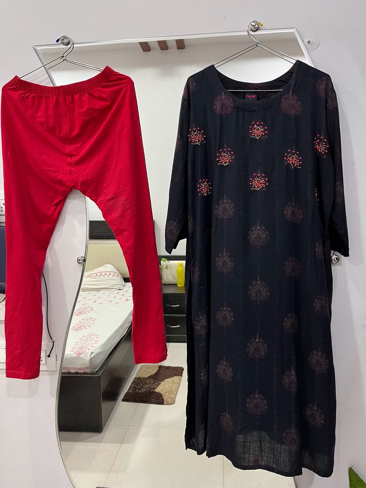 Combo - Black Kurta With Red Leggings