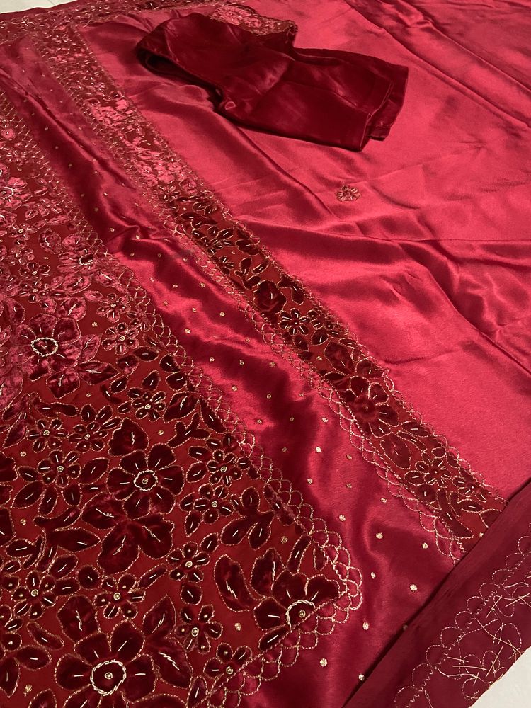 Red Silk Velvet Work Saree