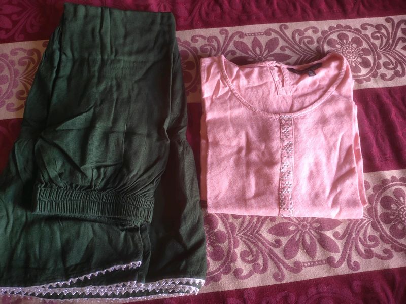 Peach And Green Kurta Sharara Set