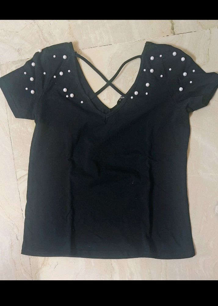 Shein Black Top With Pearl Design