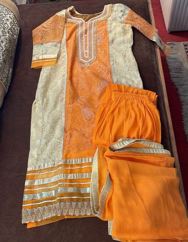 Orange Cream Suit Set With Pant And Dupatta