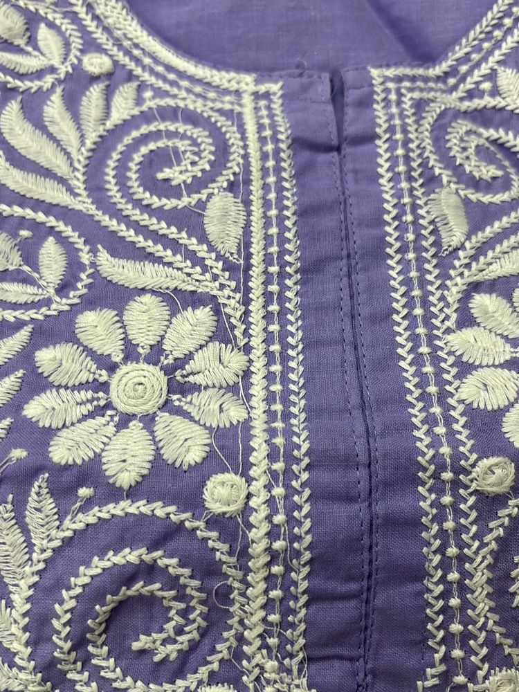 Cotton Lavender  Chikan Embroidery Work Kur