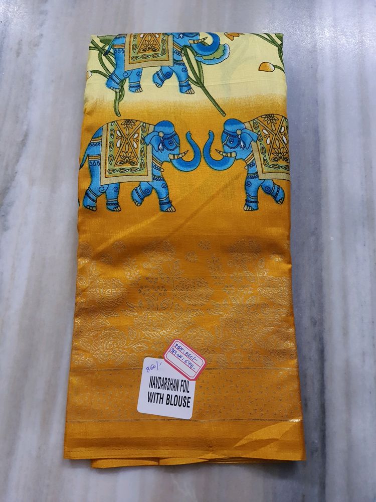 Dola Print Foil Golden Yellow Saree