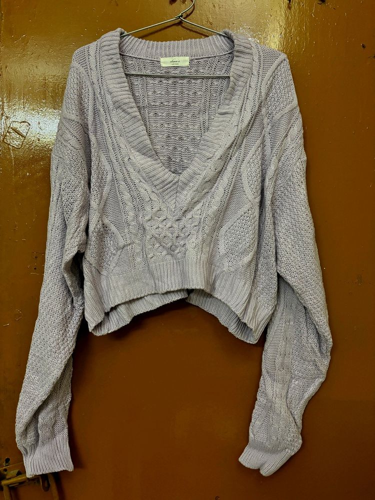 Korean Lavender V Neck Cropped Sweater