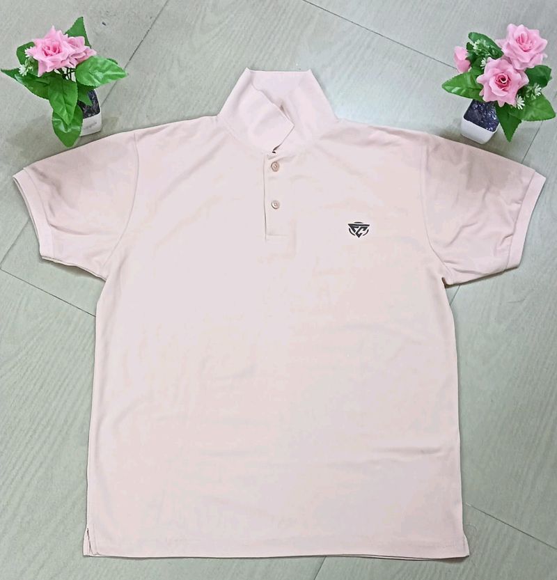 Solid Men Peach Cotton Neck Printed T.Shirt