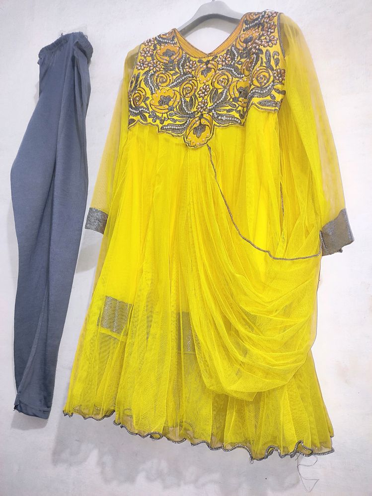 yellow net frock with rayon legging