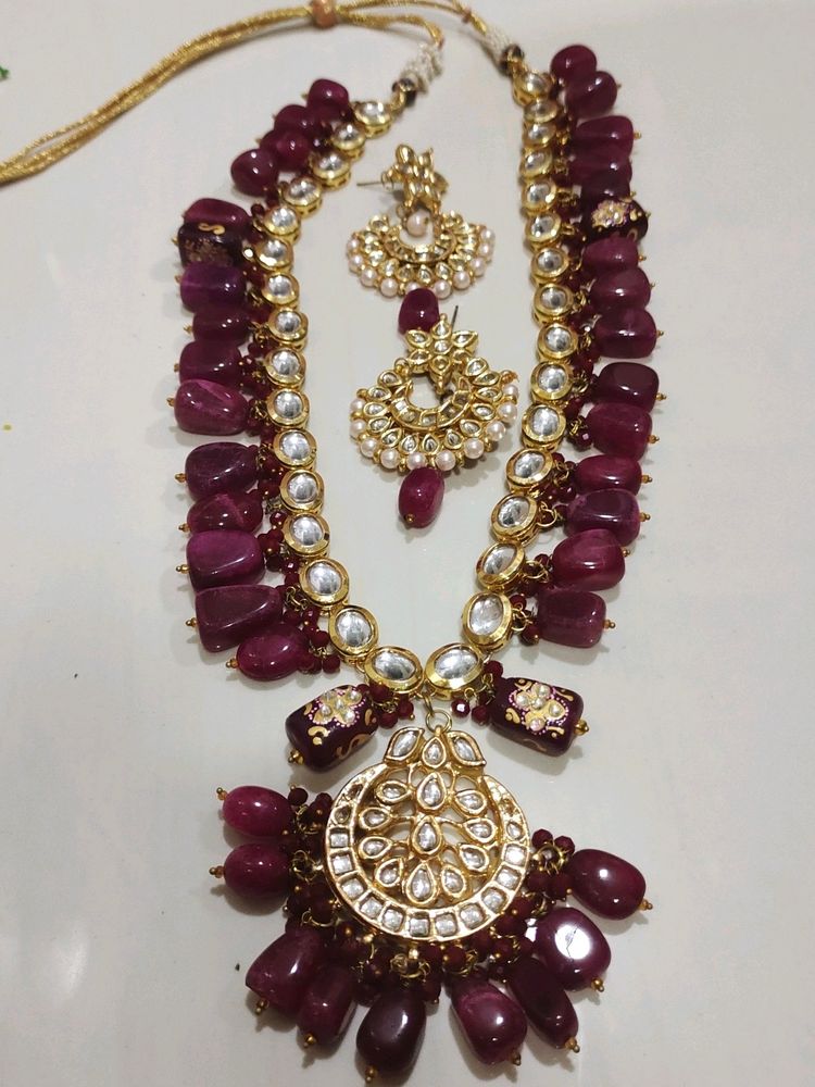 long Kundan And Real Natural Stone Necklace Set