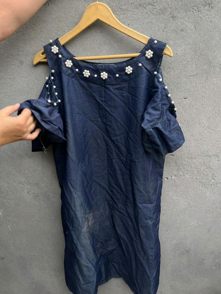 Denim Dress With Pearl Work