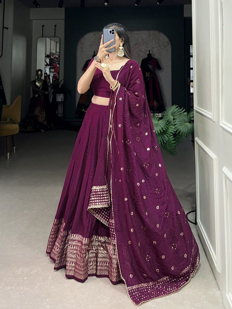 Pure Chanderi Lehenga- Burgundy