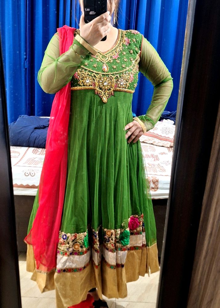 Heavy Work Party Wear Green Anarkali Suit