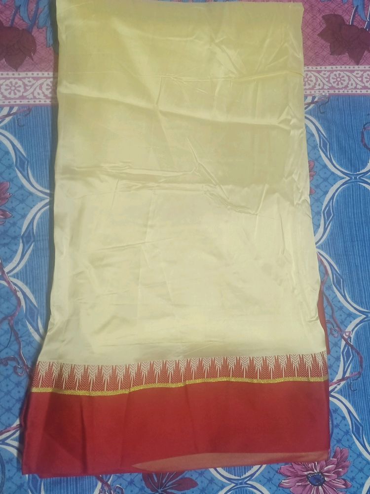 Golden And Red Silk Saree Without Blouse