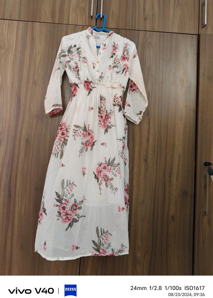 Off White And Pink Floral Maxi Dress