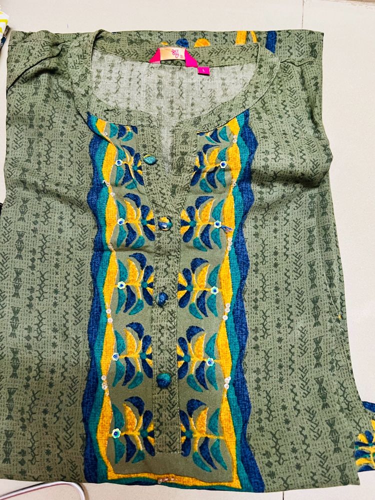 Printed Olive Long Kurti