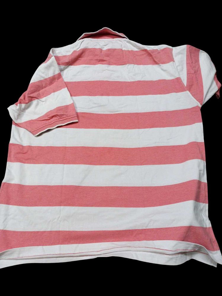 Peach And White Casual Striped Tshirt