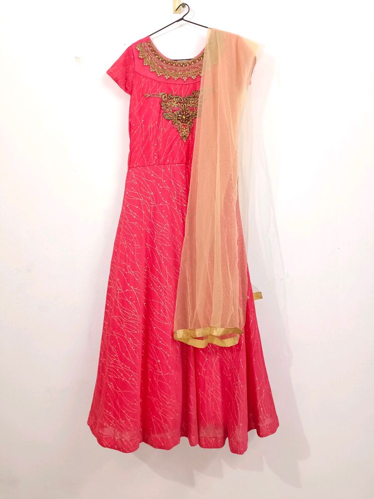 Coral Pink Ethnic Gown With Duppatta