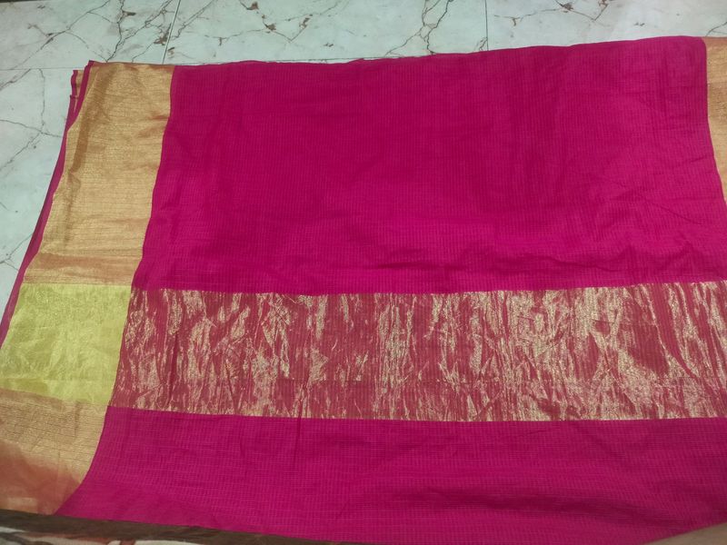 Hot Pink Artsilk With Golden Zari Border