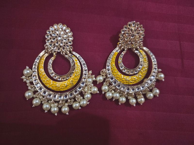 Kundan Studded Yellow Earrings