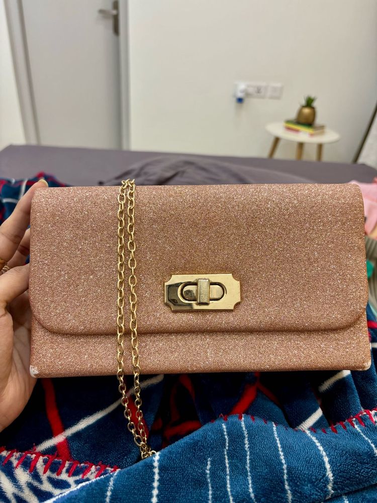 Rose Gold Glittery Clutch With Sling