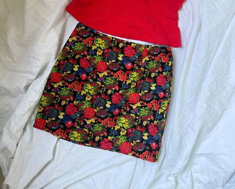 Red Floral Mini Skirt