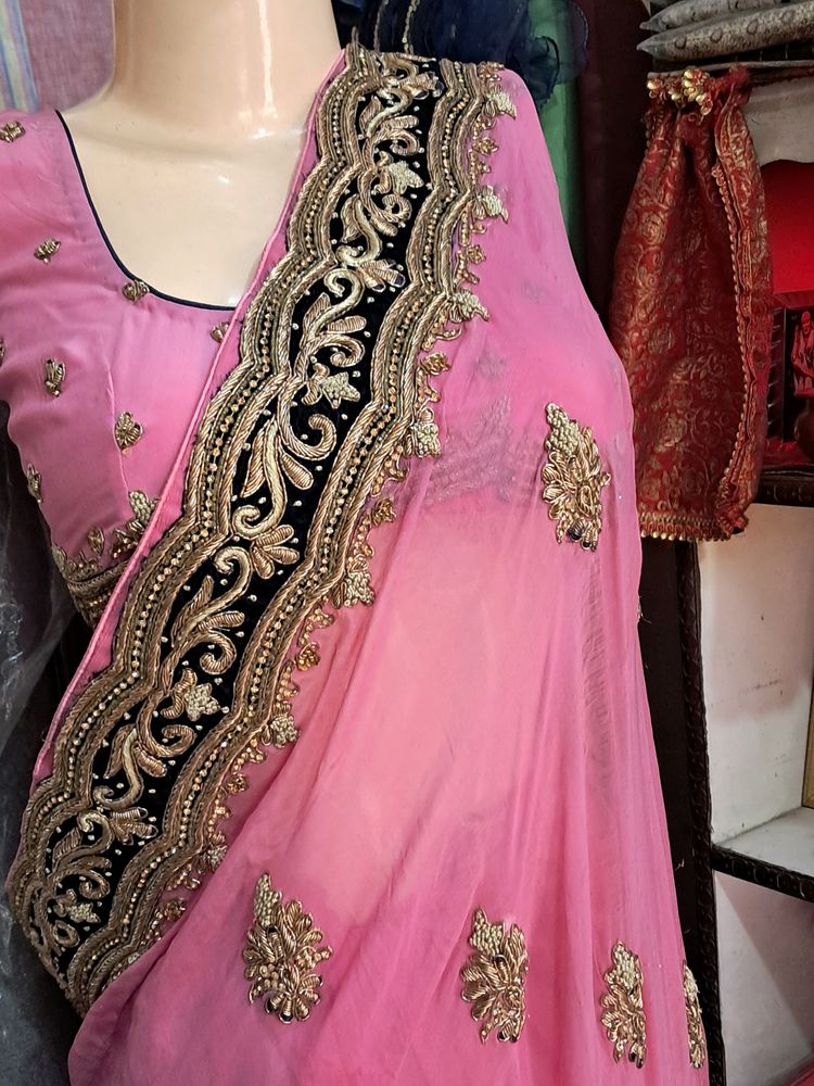 Pink Premium Chiffon Saree With Very Heavy Border