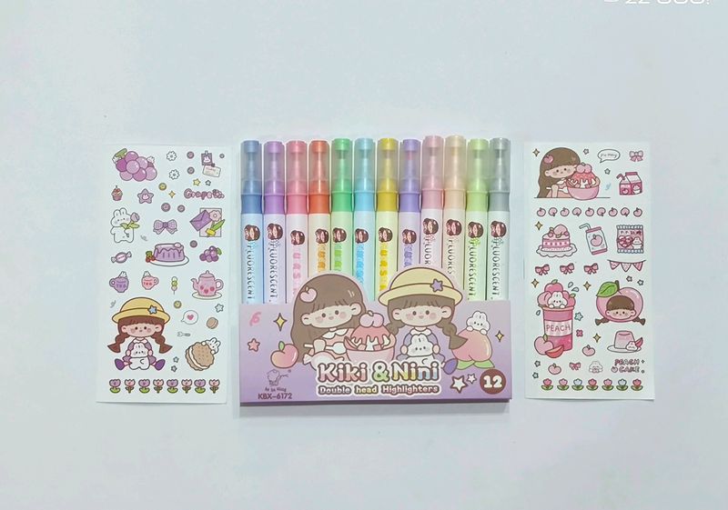 Kawaii Double Sided Highlighter With Free Stickers