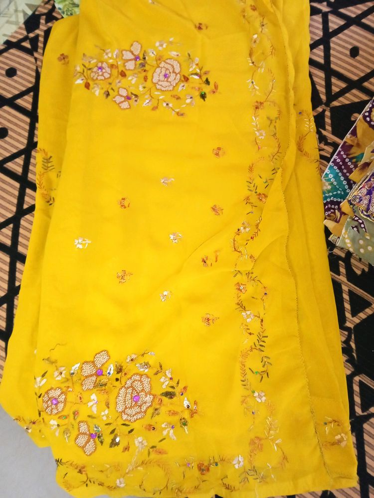 Thread Work Biscuit Yellow Saree