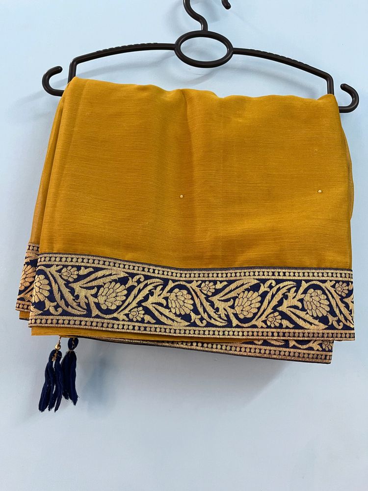 Mustard Yellow Silk Blend Saree (Without Blouse)