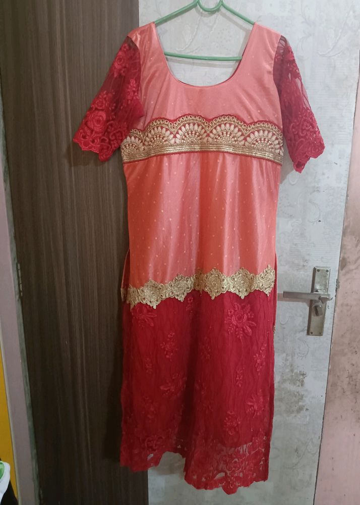 Red N Peach Party Wear Kurta