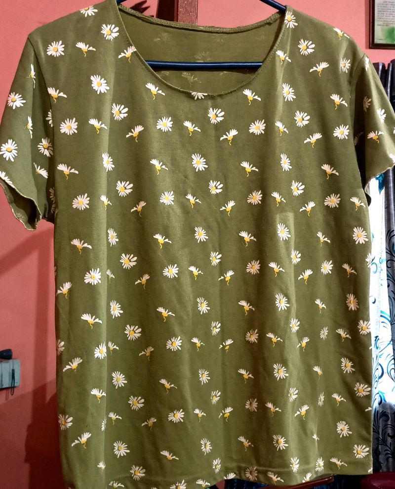 Olive Green and Daisy Printed Top