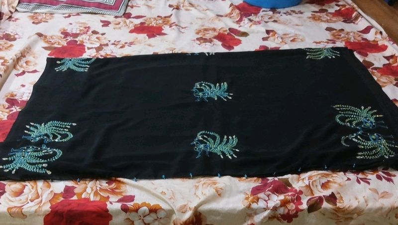 Black Saree with Hand Embroidery Peacocks