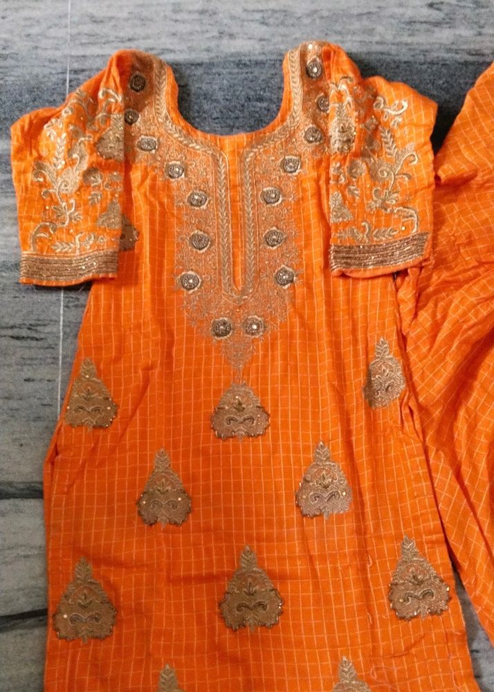 Cotton Salwar Suit With Jari Ki Kadai  Colour Oran