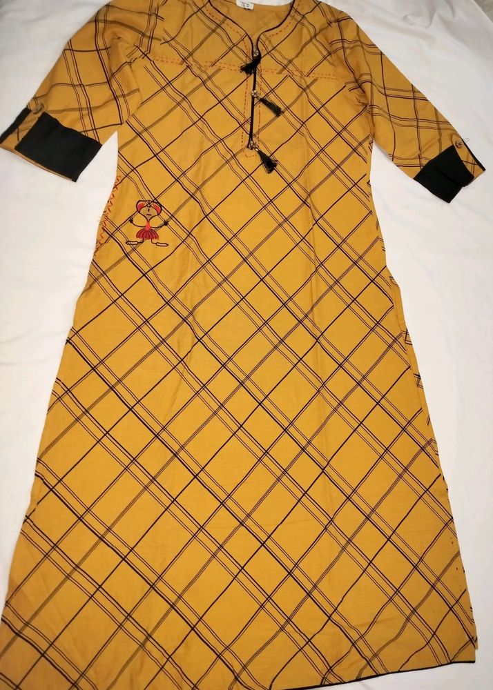 Cotton Slub Mustard Kurti For Girls