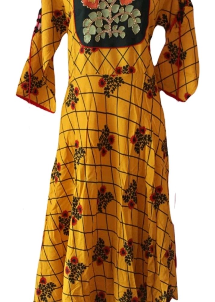 Women's Printed Flared Ankle Length Kurta, Yellow