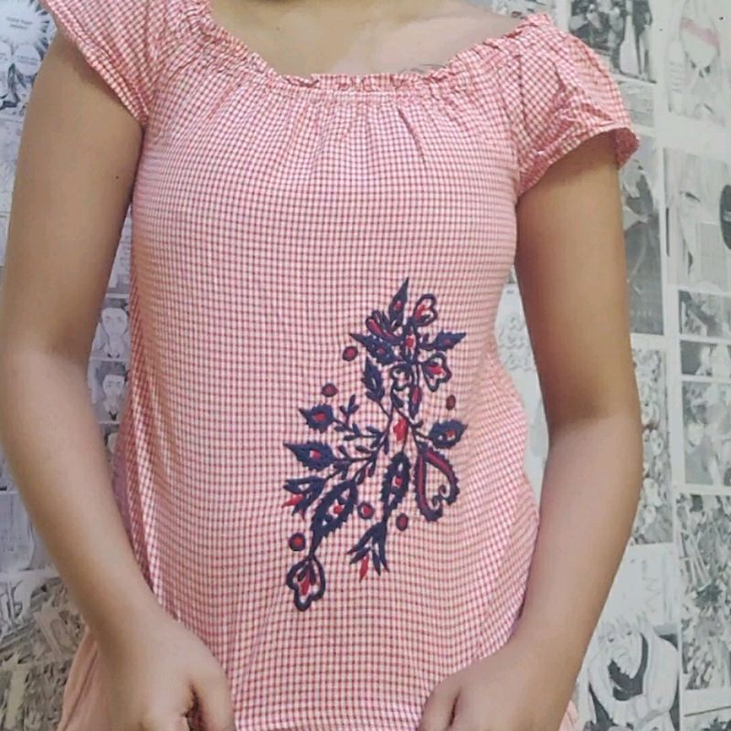 Hand Embroidered Floral Checkered Top