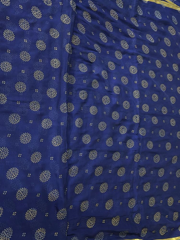 Blue Organza Silk Saree With Gold Floral Print