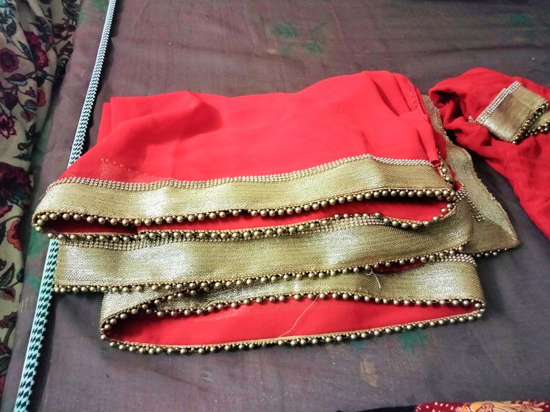 Dark Red Saree With Stitch Blouse