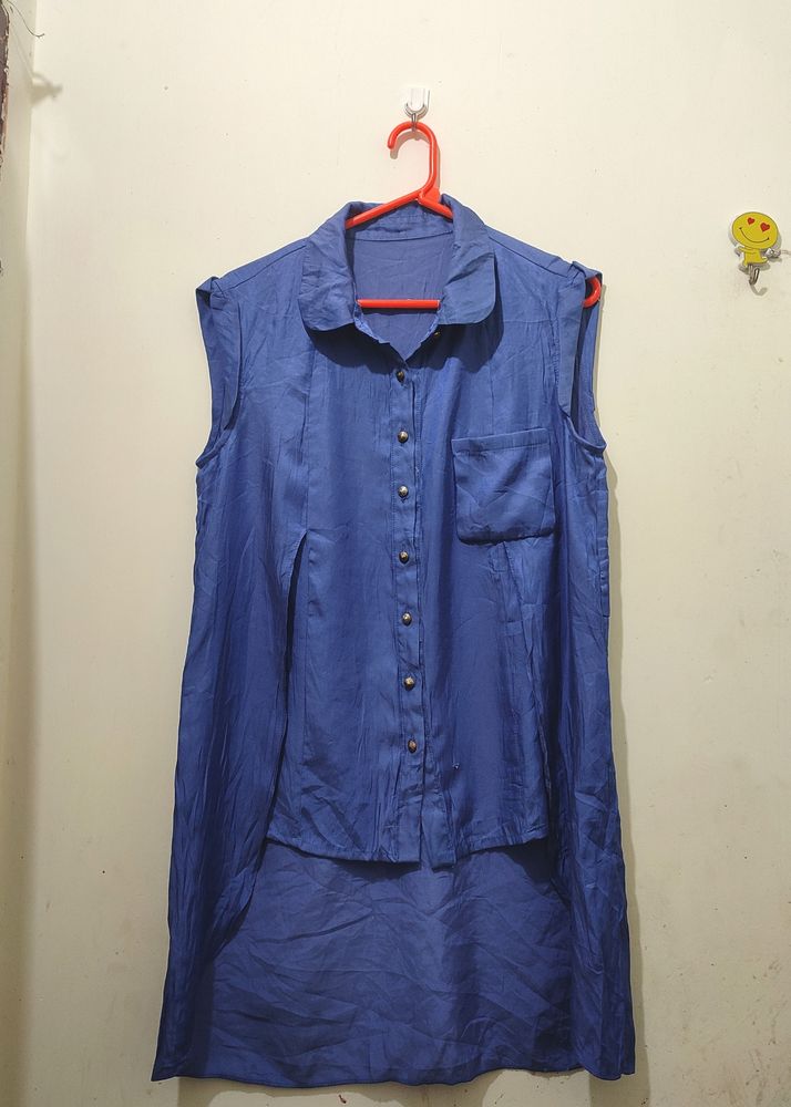 Blue Satin Top In High Low Pattern