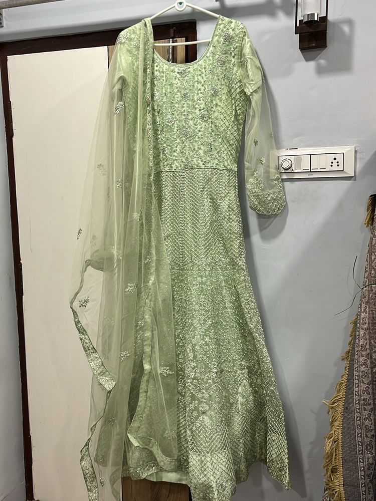 Pista Colour Heavy Worked Gown N Dupatta