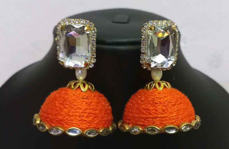 Stone Stud Orange Jhumkas