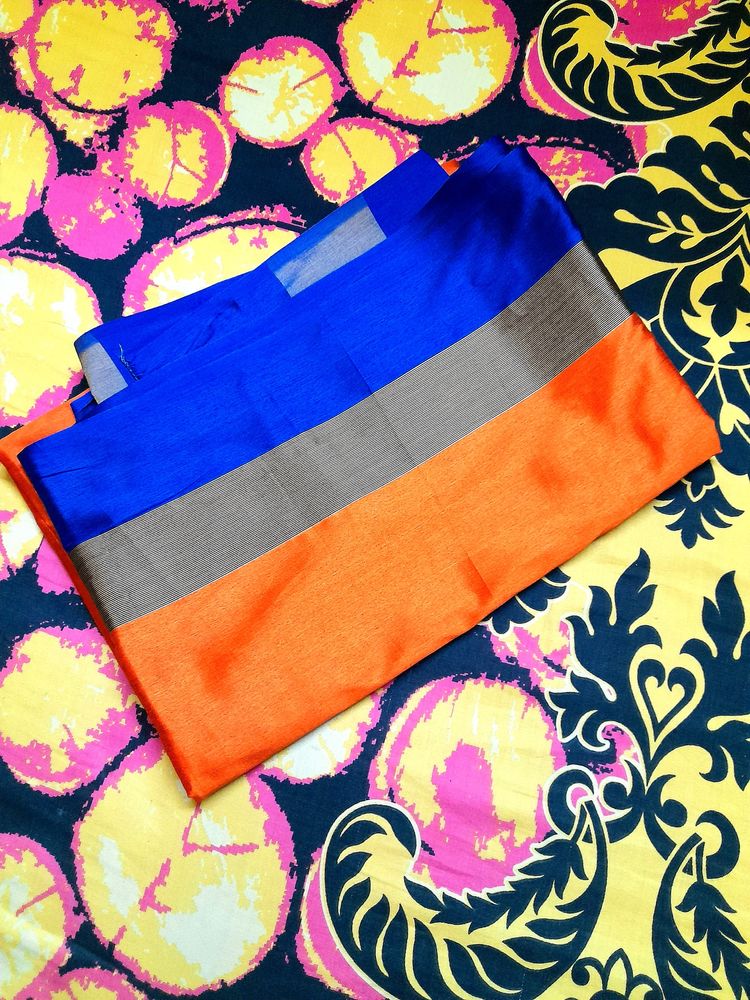 Orange and Blue Colour With Golden Strip Saree