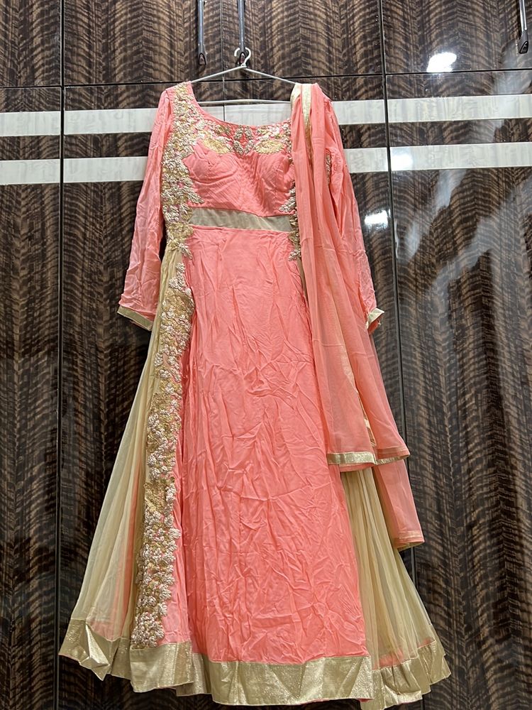 Peach Gown With Dupatta And Pant M-XL