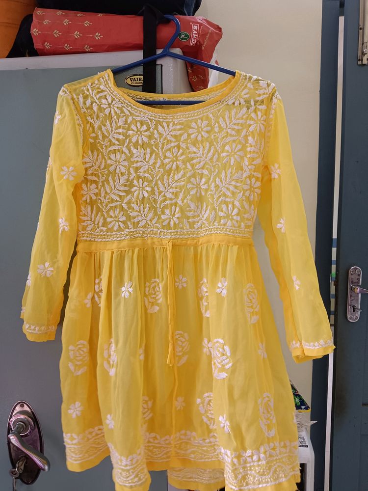 Yellow Chikkankari Short Kurta