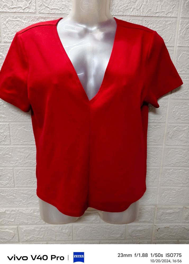 "Fiery Elegance: Red Hot Deep Neck Top