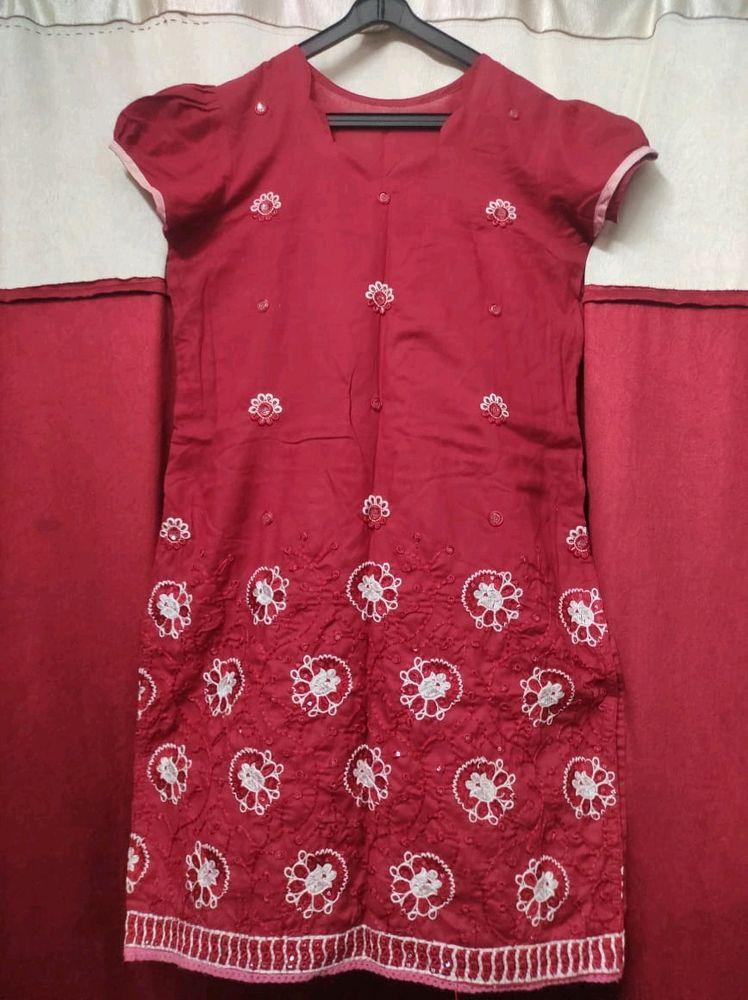 Maroon Embroidered Short Kurti