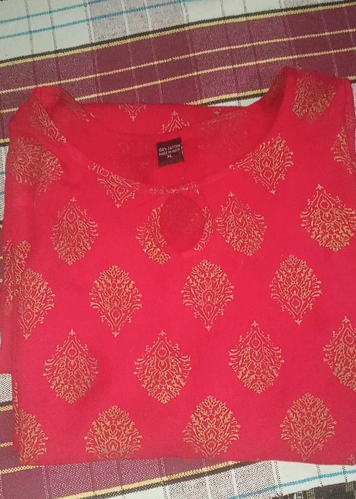 Red Kurti Golden Design On It