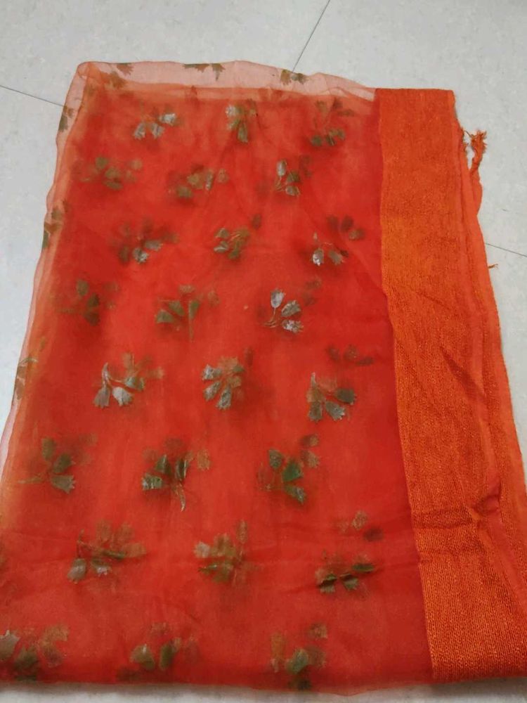 Orange, Designer, Tissue Dupatta