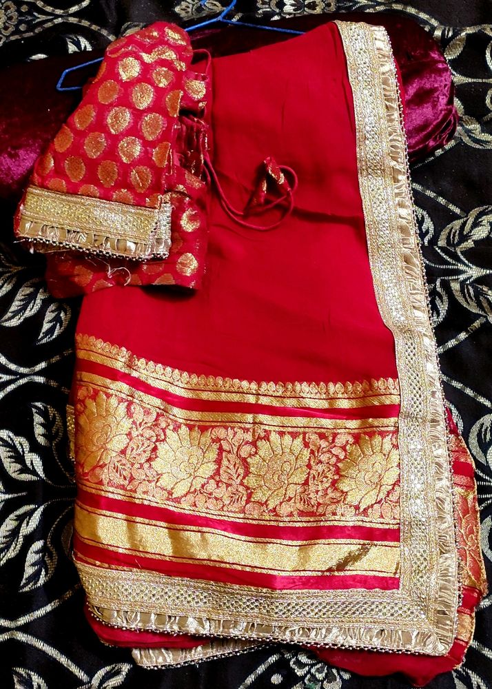 Heavy Foil Print Pure Georgette Banarasi Red Saree